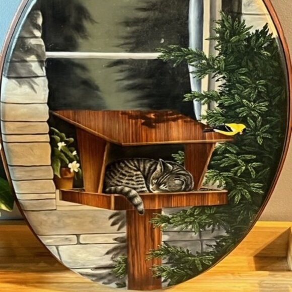 Vintage Cat in bird house Comical Painting on wood plaque wall decor cat lovers - Picture 1 of 5